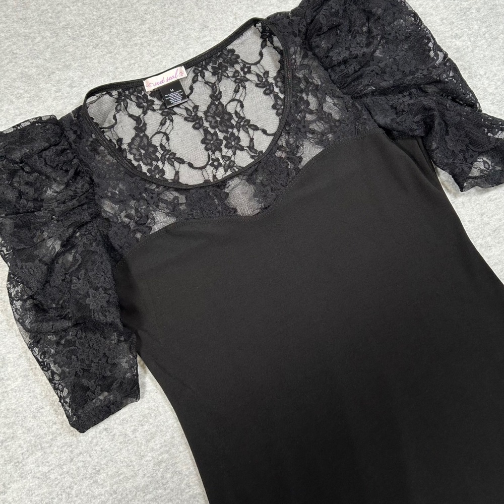 Wet Seal mini Dress Womens Medium Black Whimsigoth Vamp Y2K Puff Sleeve‎